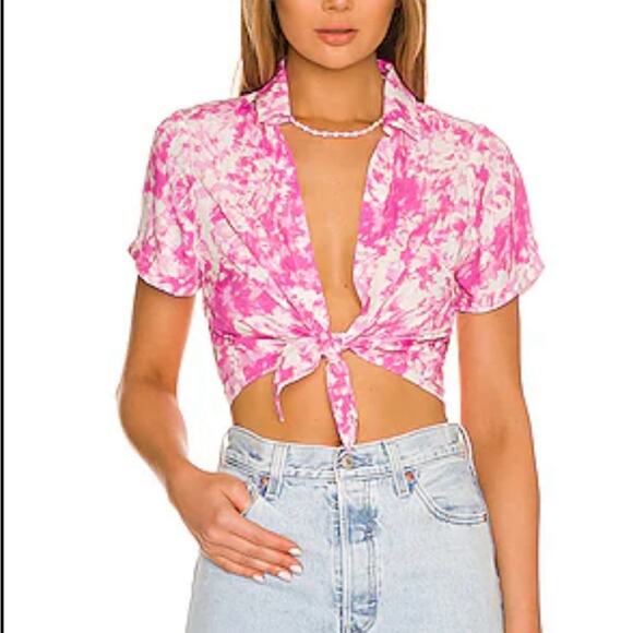 NWT For Love And Lemons $217  Pink and White Cuffed Sleeve Crop Top size M - Picture 1 of 6